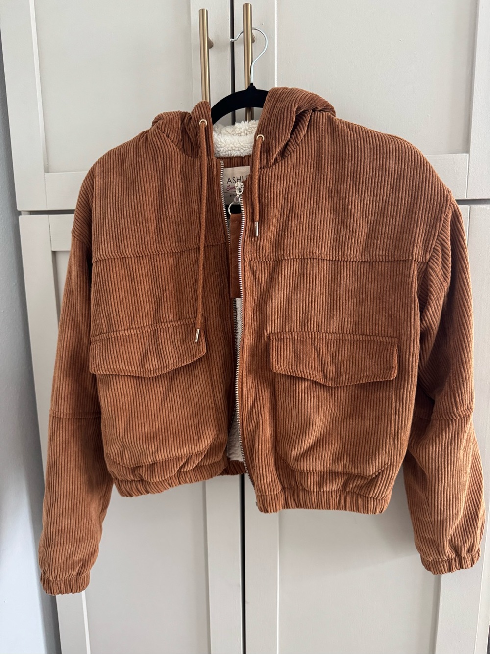 Ashley Sunrise Collection Brown Corduroy Sherpa Hooded Jacket Women's Size S - Picture 2 of 5